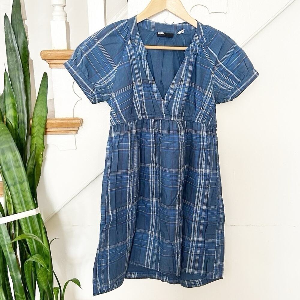 Urban Outfitters BDG Blue Plaid Cotton Short Sleeve Surplice Neck Babydoll Dress